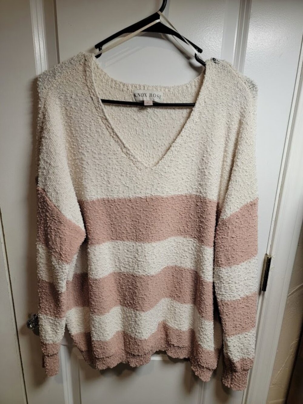 Knox Rose Women's XL Cream Pink Striped V Neck Textured Knit Pullover Sweater